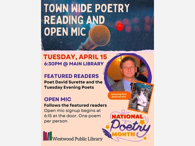 Tomorrow, April 15, Town-Wide Poertry Reading & Open Mic! Open to the public, bring a poem to read!