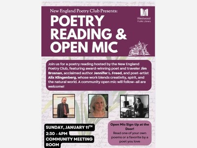 New England Poetry Club Returns to the Westwood Library on January 11, for Reading and Open Mic