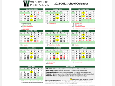 WESTWOOD PUBLIC SCHOOLS: 2021-22 School Calendar