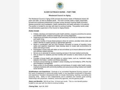 JOB POSTING: Elder Outreach Nurse - Part-Time