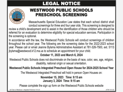 Westwood Public Schools Preschool Screening and Open House